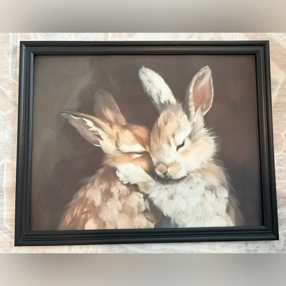 Snuggle Cuddle Loving Bunny couple, Rabbit Hug framed 8x10” print